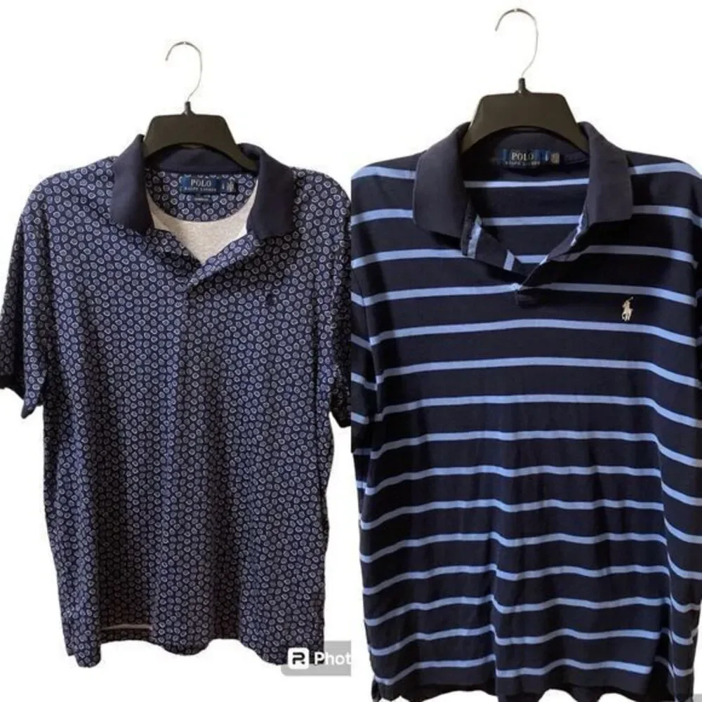 Lot of 2 Polo Ralph Lauren‎ Polo Shirts Short Sleeve Cotton Sz L Blue Preppy